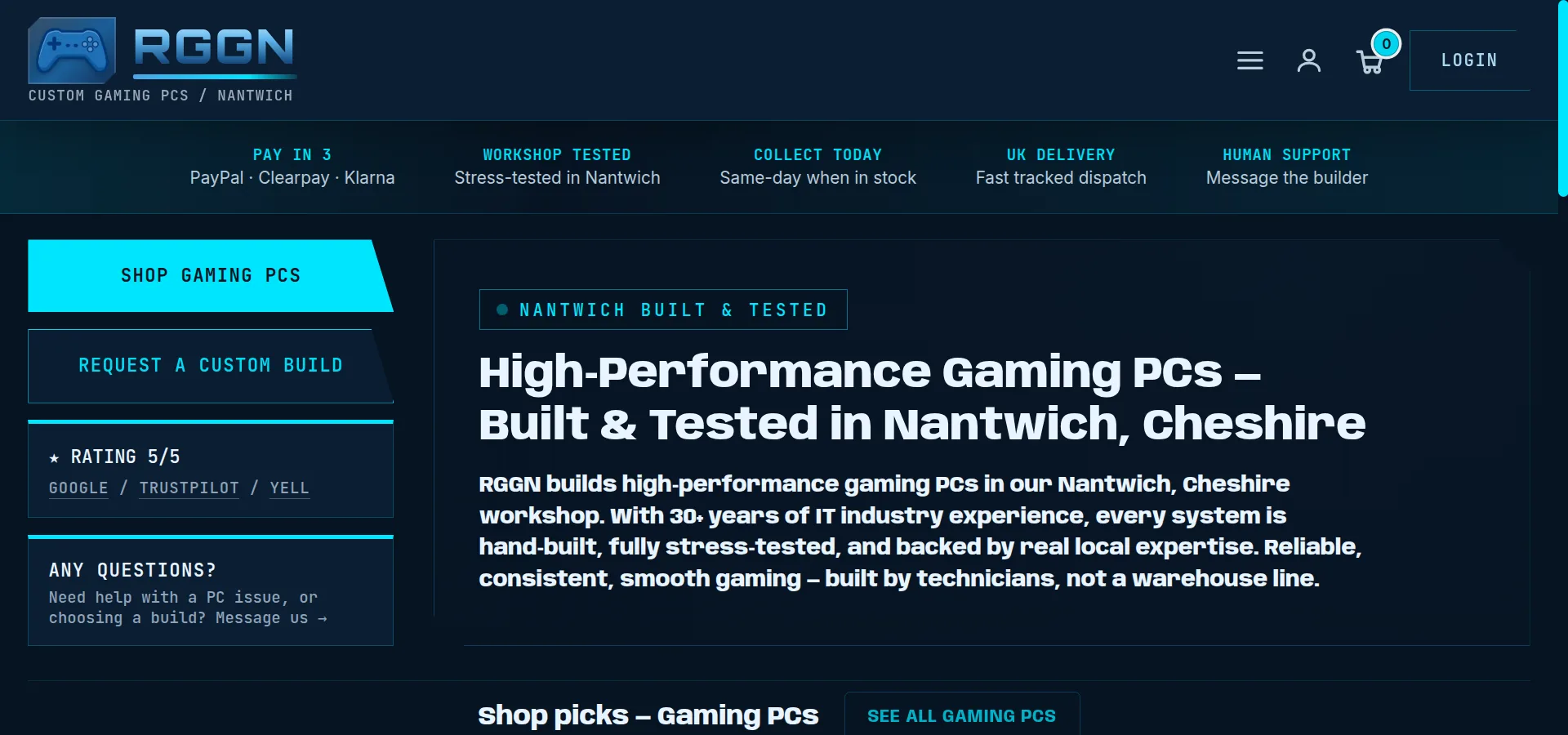 Top of the RGGN website — custom gaming PCs built in Nantwich