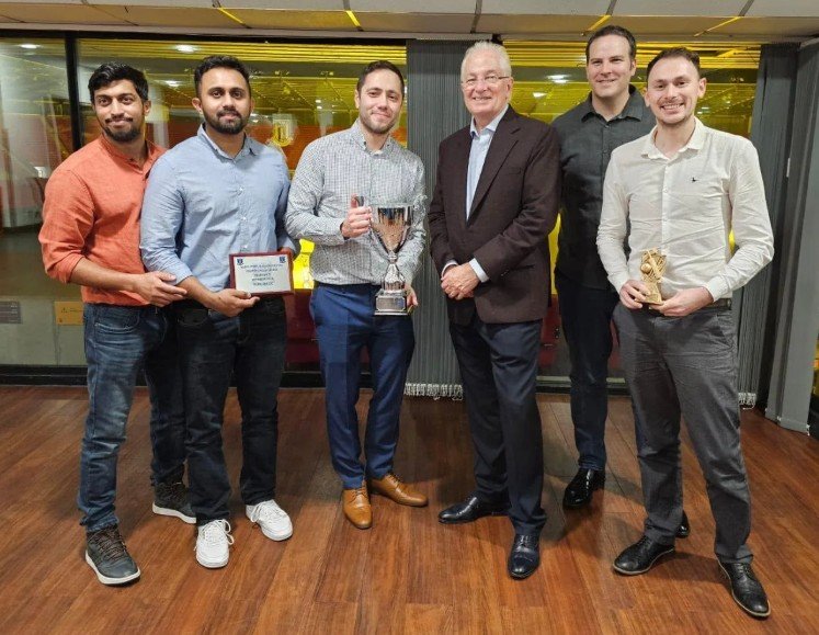 Audlem Cricket Club awards night — players with league trophies and plaques